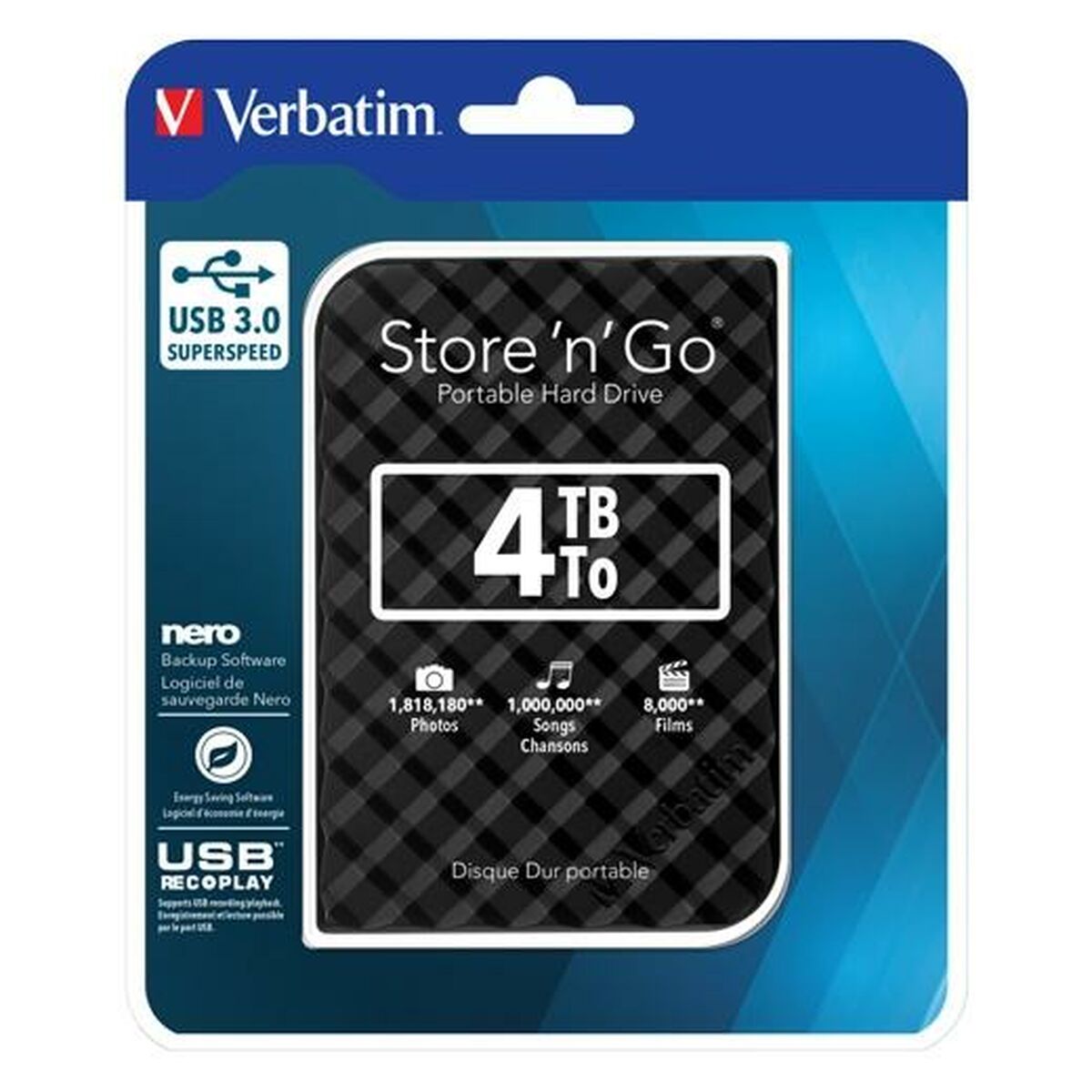 External Hard Drive Verbatim Disco Duro Portátil Store 'n' Go USB 3.0 de 4 TB en color Negro USB 3.0 External Hard Drive Verbatim Disco Duro Portátil Store 'n' Go USB 3.0 de 4 TB en color Negro USB 3.0