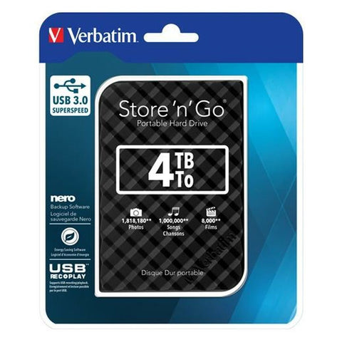 External Hard Drive Verbatim Disco Duro Portátil Store 'n' Go USB 3.0 de 4 TB en color Negro USB 3.0 External Hard Drive Verbatim Disco Duro Portátil Store 'n' Go USB 3.0 de 4 TB en color Negro USB 3.0