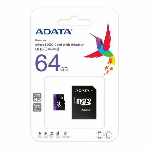Micro SD Memory Card with Adaptor Adata CLASS10 64 GB Micro SD Memory Card with Adaptor Adata CLASS10 64 GB