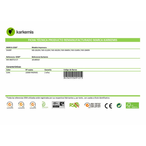 Original Toner Karkemis MX-36GTCA CY 15.000 Cyan